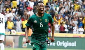 Patrick Maswanganyi, coached by Hugo Broos at Bafana Bafana celebrating a goal