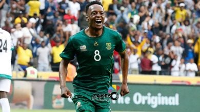 Patrick Maswanganyi, coached by Hugo Broos at Bafana Bafana celebrating a goal