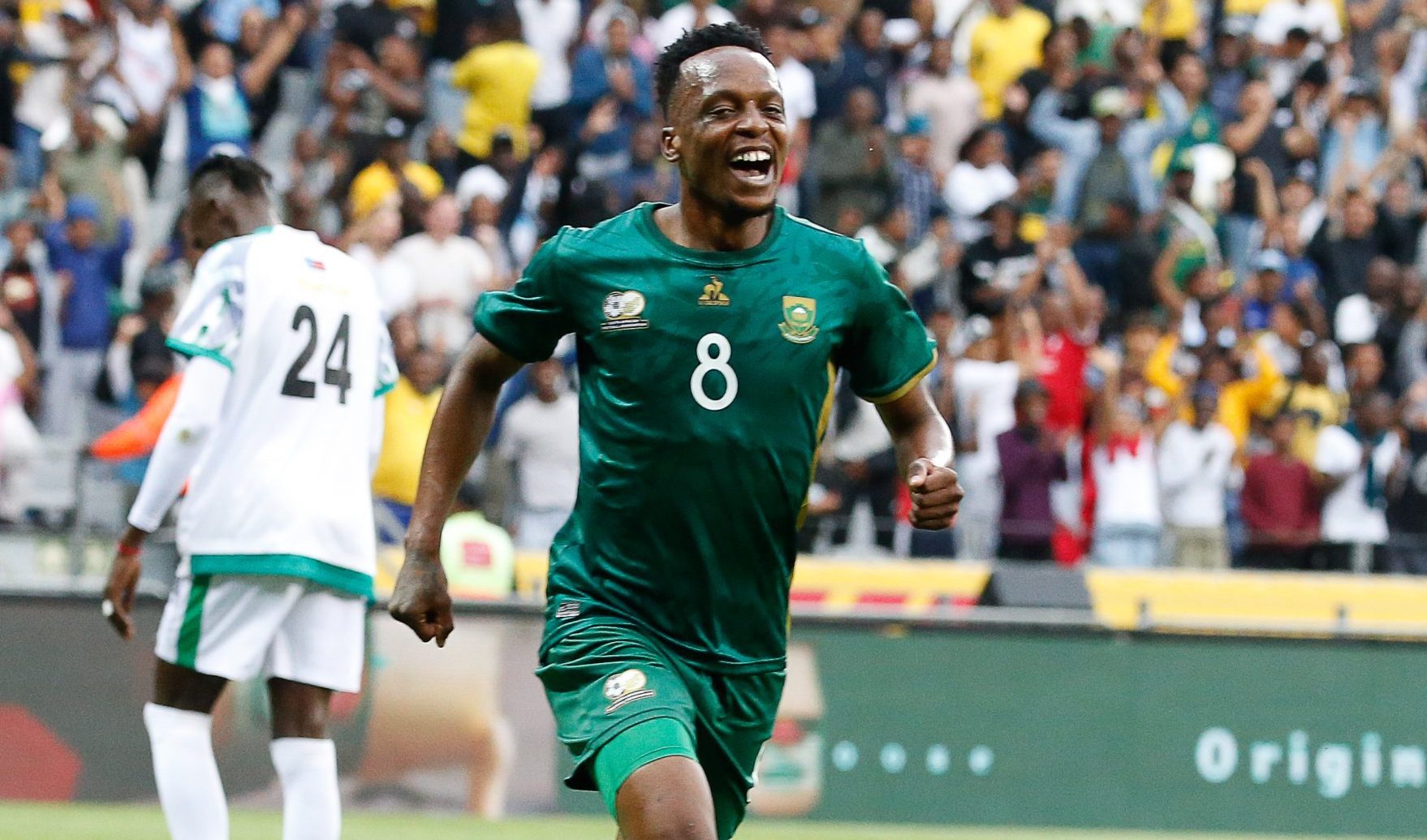 Patrick Maswanganyi of Bafana Bafana celebrating a goal in the AFCON qualifiers. 