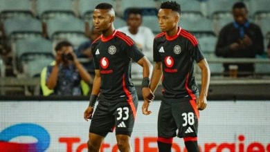 Relebohile Mofokeng and Mohau Nkota of Orlando Pirates in action