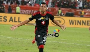 Relebohile Mofokeng of Orlando Pirates celebrating a goal