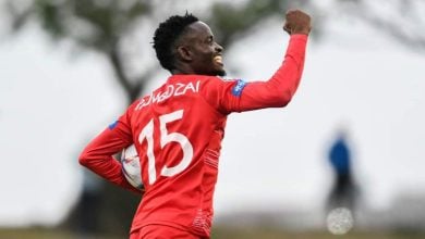 Left-back Ronald Pfumbidzai celebrating a goal during his time at Chippa United.