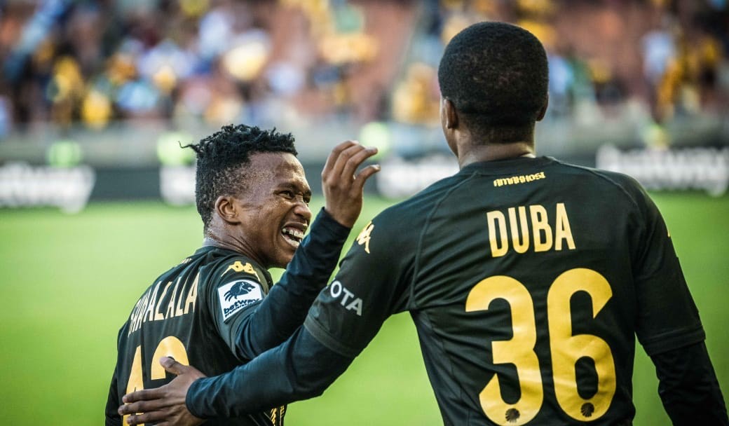 Wandile Duba and Mduduzi Shabalala celebrating a goal against Royal AM