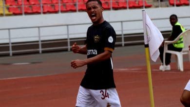 Devin Titus celebrates a goal for Stellenbosch in the Confed Cup