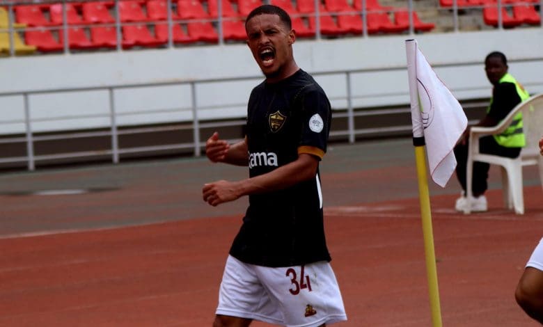 Devin Titus celebrates a goal for Stellenbosch in the Confed Cup