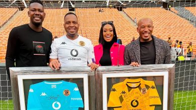 Eric Mathoho, Lehlohonolo Majoro, Itu Khune and his wife Sphelele Makhunga at FNB Stadium in Khune's last Kaizer Chiefs game