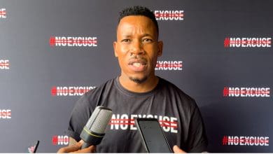 Former Orlando Pirates defender Happy Jele speaking during the Carling #NoExcuse event