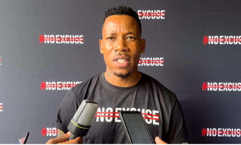 Former Orlando Pirates defender Happy Jele speaking during the Carling #NoExcuse event