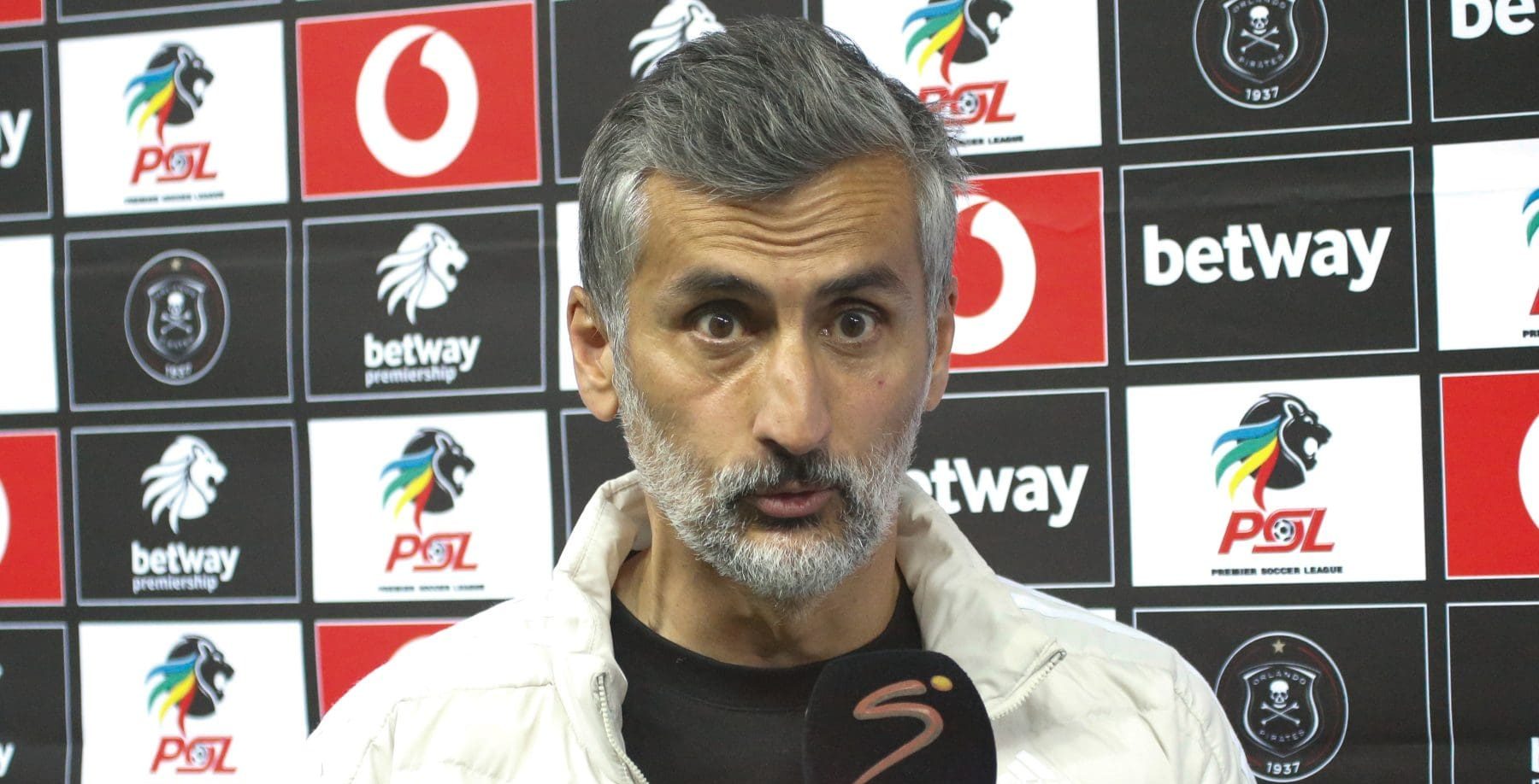 Orlando Pirates head coach Jose Riveiro during a post-match interview