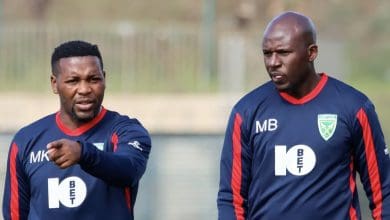 Golden Arrows coaches Mabhuti Khenyeza and Musa Bilankulu speaking during training