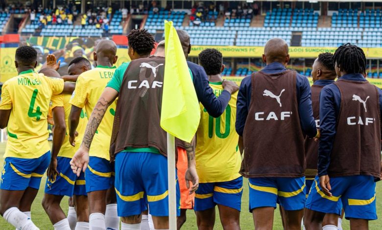 Mamelodi Sundowns players celebrating after scoring at Loftus Versfield Stadium