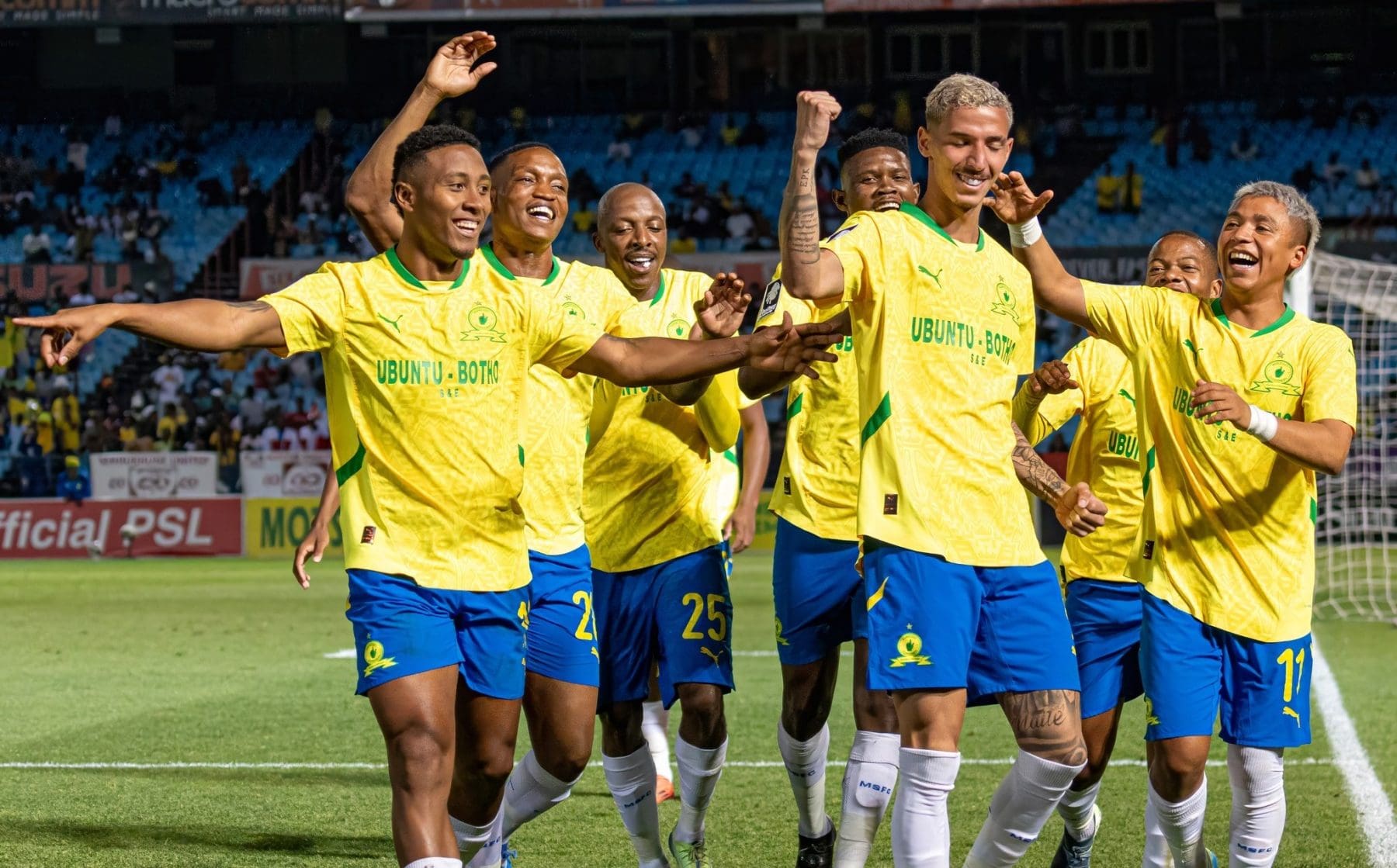 Mamelodi Sundowns players celebrating a goal during a match