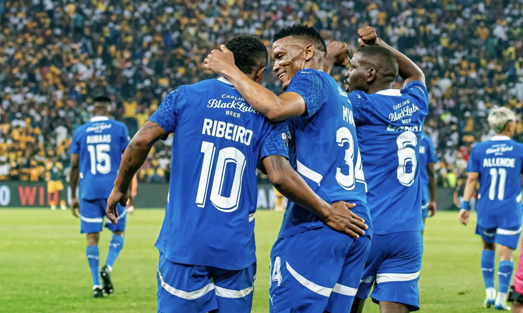 Mamelodi Sundowns celebrating a goal in a match against Kaizer Chiefs