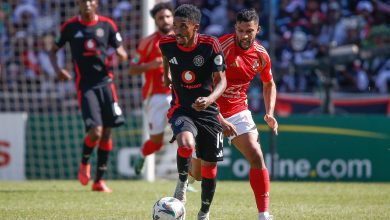 Monnapule Saleng of Orlando Pirates in action against Al Ahly