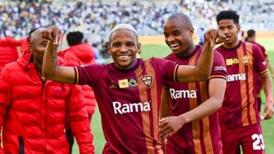 Lehlogonolo Mojela of Stellenbosch FC in celebratory mood