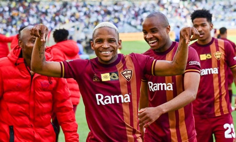 Lehlogonolo Mojela of Stellenbosch FC in celebratory mood