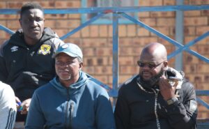 Black Leopards coach Maxwell Konadu sitting with Chief Thidiela