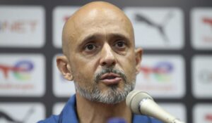 Mamelodi Sundowns coach Miguel Cardoso speaking to media