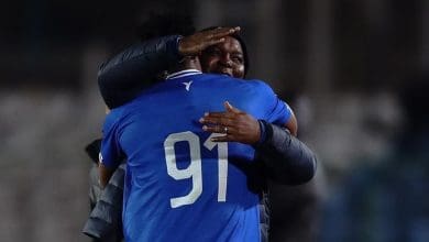 Coach Pitso Mosimane celebrating Masoud Juma's goal against Sepahan