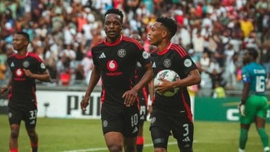 Orlando Pirates stars Relebohile Mofokeng and Patrick Maswanganyi celebrating a goal