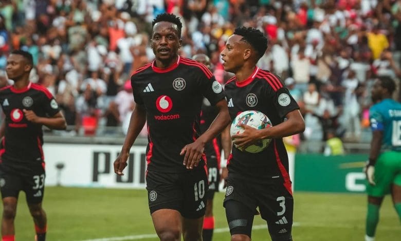 Orlando Pirates stars Relebohile Mofokeng and Patrick Maswanganyi celebrating a goal