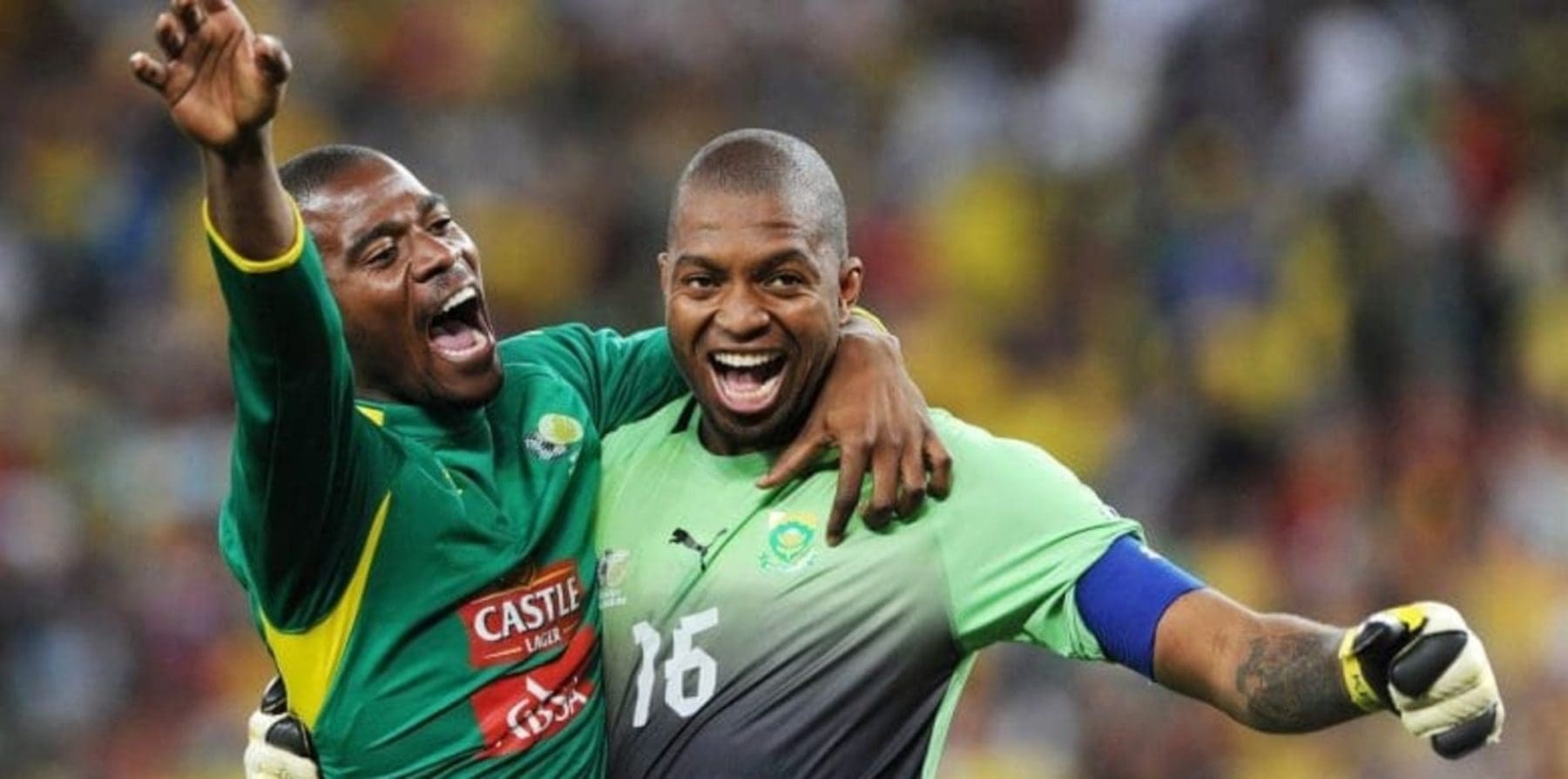 The late Senzo Meyiwa with Itumeleng Khune in Bafana Bafana colours