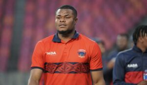 Chippa United goalkeeper Stanley Nwabali doing pitch inspection