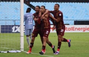 Stellenbosch players celebrating a goal by Fawaaz Basadien