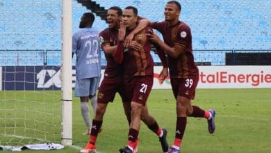 Stellenbosch players celebrating a goal by Fawaaz Basadien