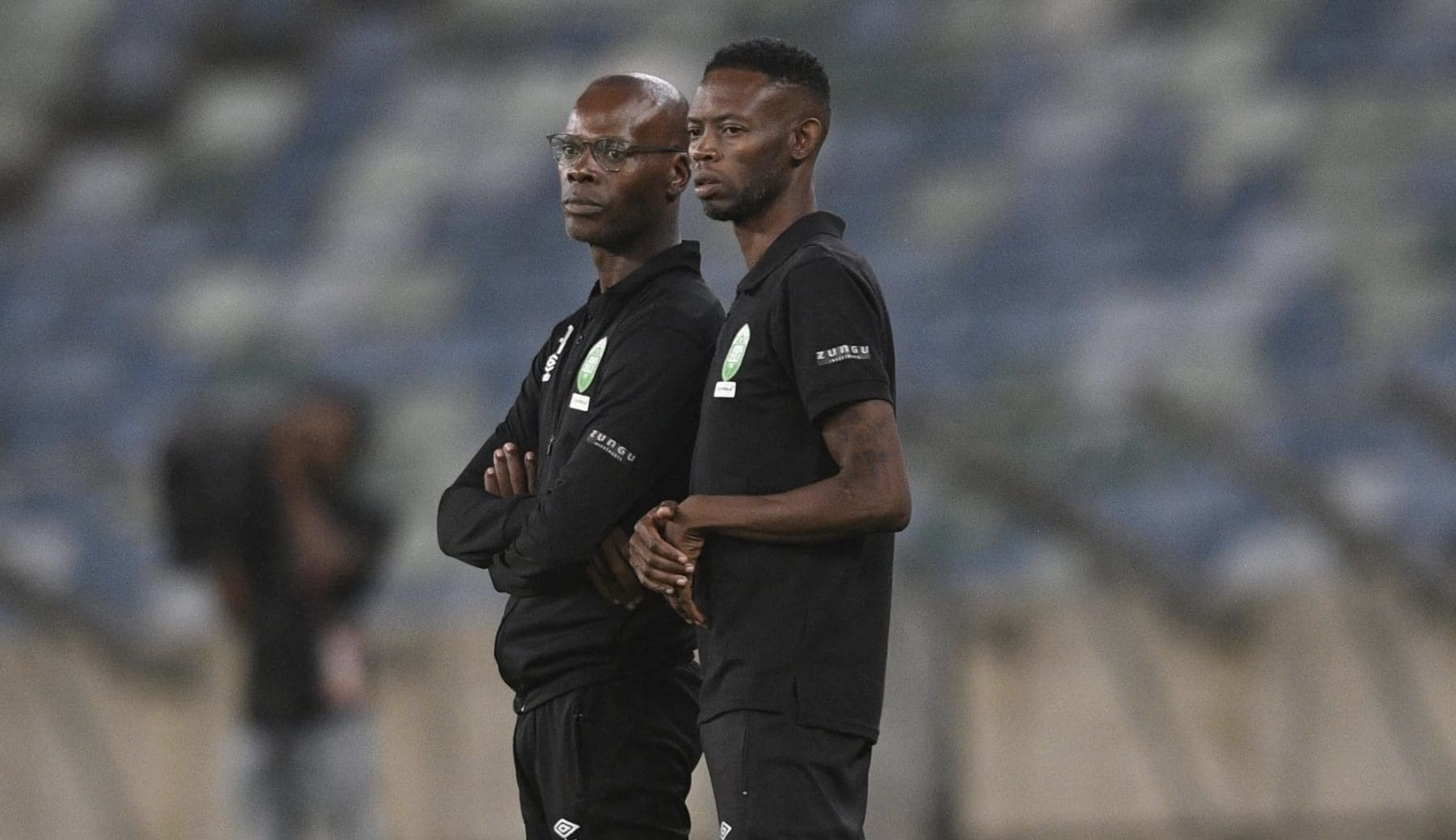 AmaZulu FC co-coaches Arthur Zwane and Vusumuzi Vilakazi on the touchline