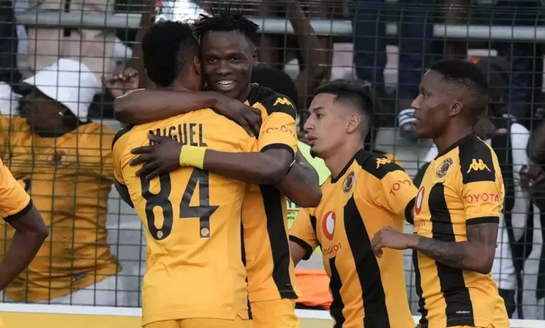 Glody Lilepo of Kaizer Chiefs celebrating a goal with his teammates