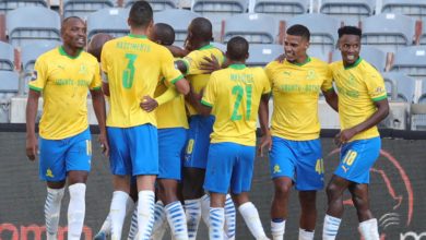 Mamelodi Sundowns players celebrating after scoring a goal against Orlando Pirates at Orlando Stadium