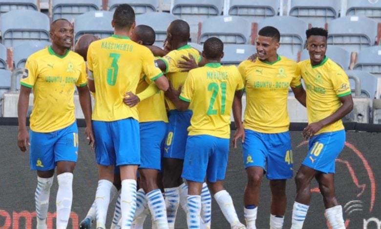 Mamelodi Sundowns players celebrating after scoring a goal against Orlando Pirates at Orlando Stadium