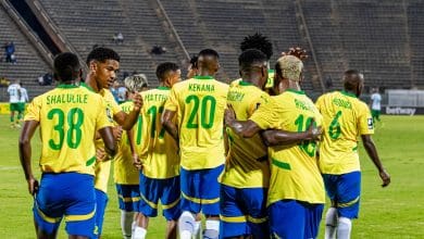 Mamelodi Sundowns players celebrate a goal during a league match