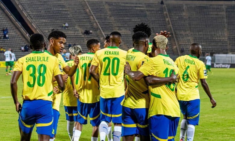 Mamelodi Sundowns players celebrate a goal during a league match