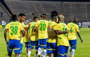 Mamelodi Sundowns players celebrate a goal during a league match