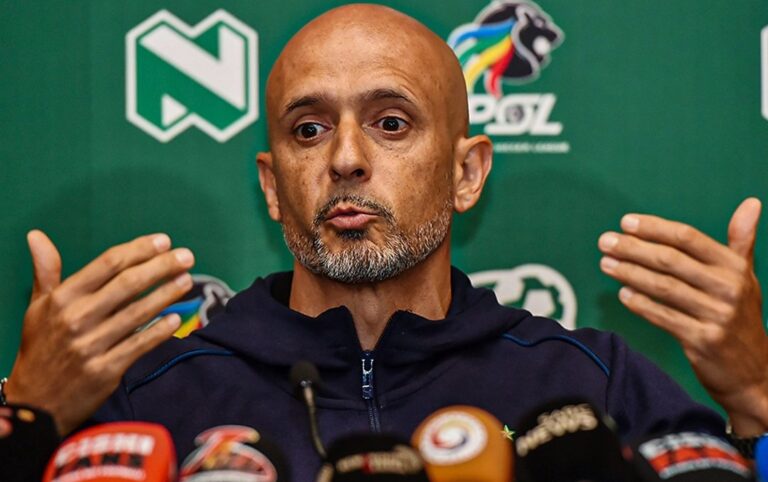 Mamelodi Sundowns coach Miguel Cardoso addressing the media
