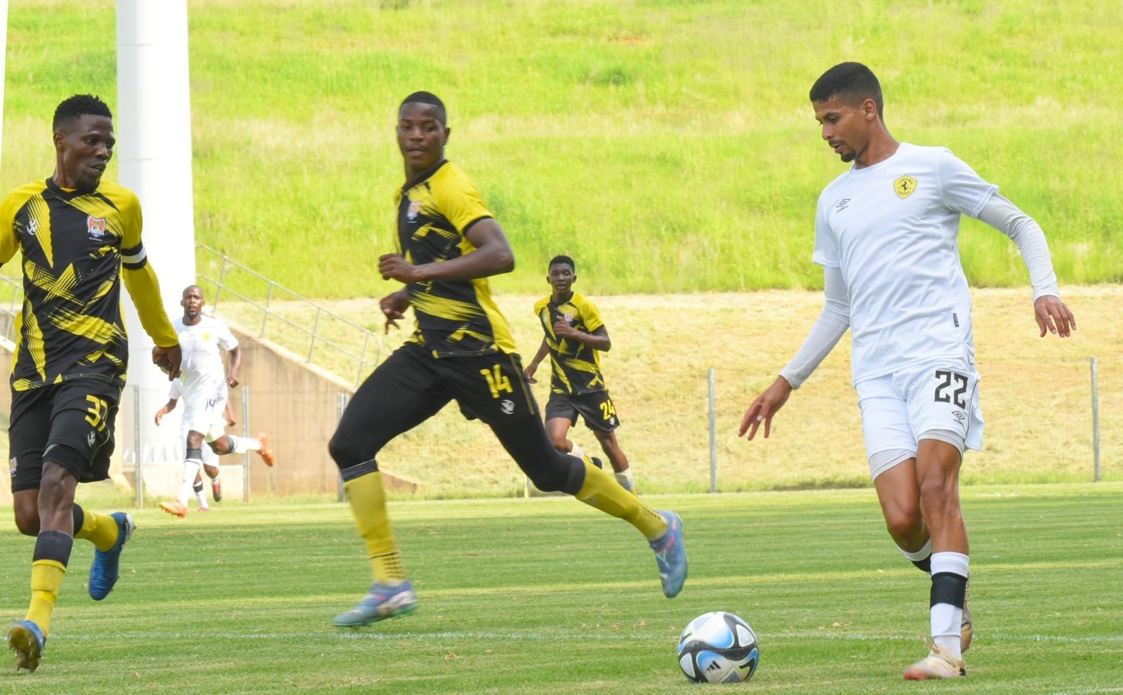 Naeem Amoojee in action for Motsepe Foundation Championship side Leruma United against JDR Stars