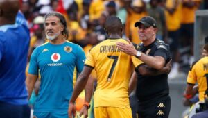 Nasreddine Nabi, coach of Kaizer Chiefs, embracing striker Ranga Chivaviro as he came off.