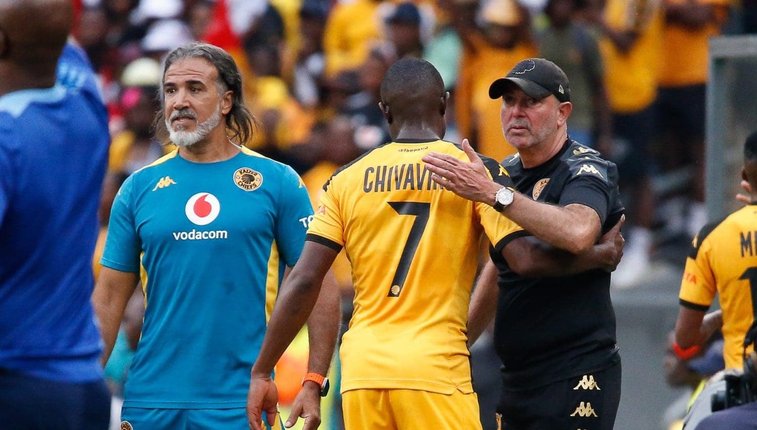 Nasreddine Nabi, coach of Kaizer Chiefs, embracing striker Ranga Chivaviro as he came off.