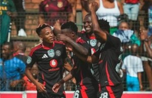 Orlando Pirates players celebrate a goal with Relebohile Mofokeng