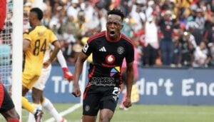 Orlando Pirates star Patrick Maswanganyi after scoring a penalty against Kaizer Chiefs