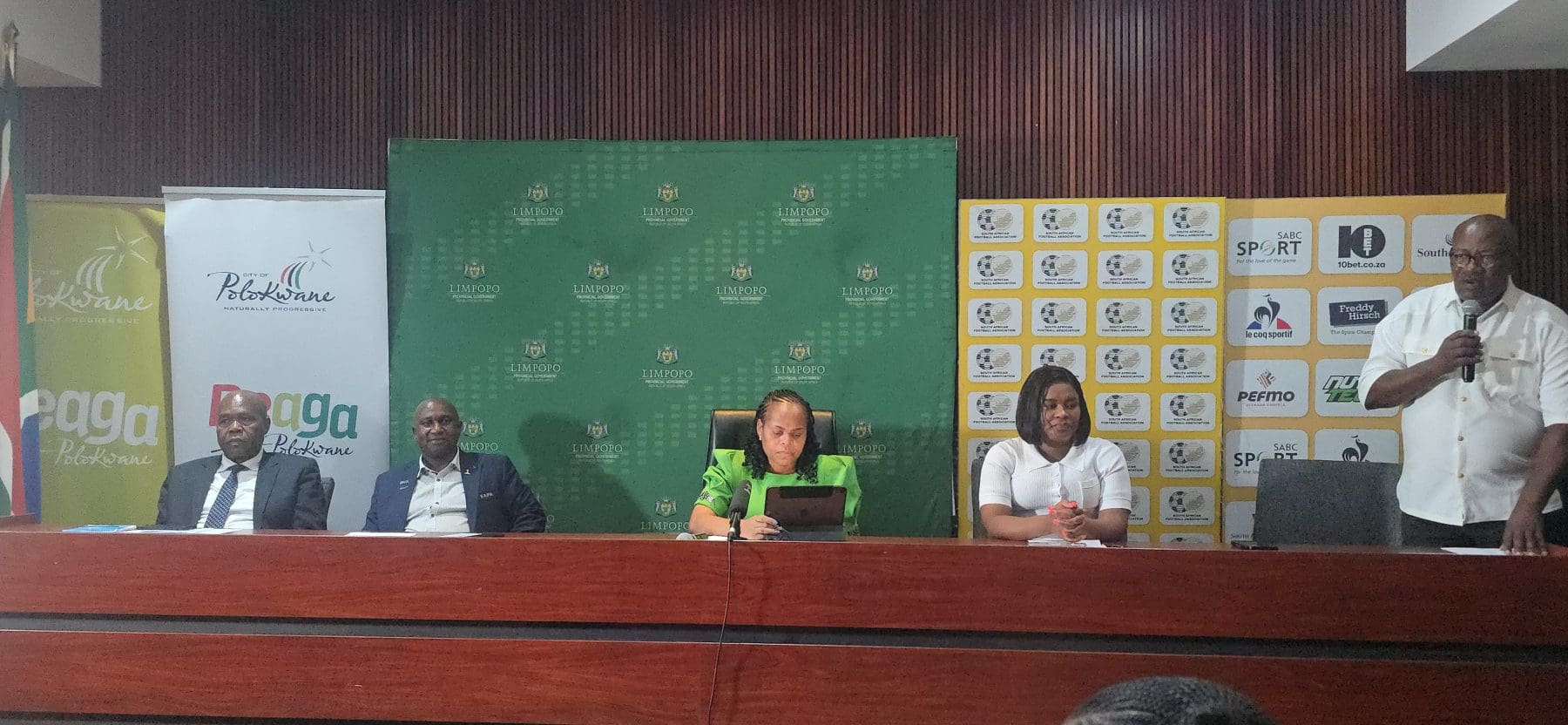 Premier Dr Ramathuba, MECs, Mayors and SAFA officials at Bafana Bafana venie Peter Mokaba Stadium press room