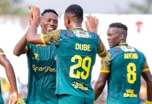 Former PSL striker Prince Dube celebrating a goal with his teammates at Young Africans in the Tanzanian Premier League