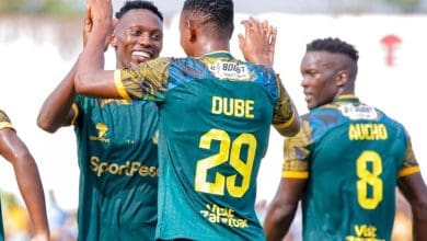 Former PSL striker Prince Dube celebrating a goal with his teammates at Young Africans in the Tanzanian Premier League