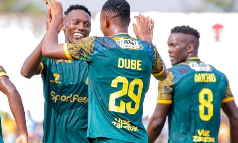 Former PSL striker Prince Dube celebrating a goal with his teammates at Young Africans in the Tanzanian Premier League