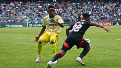 Orlando Pirates star Relebohile Mofokeng taking on Karabo Kgositsile of Baroka FC