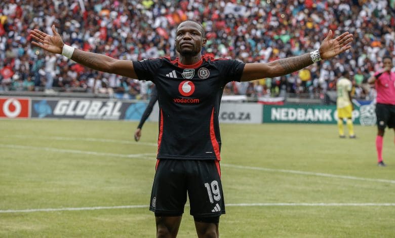 Orlando Pirates striker Tshegofatso Mabasa celebrating a goal against Baroka FC