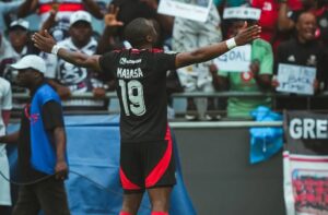 Tshegofatso Mabasa celebrates a goal in the Nedbank Cup