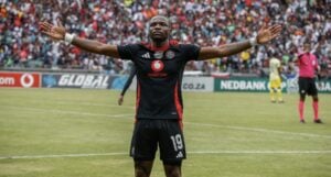 Orlando Pirates striker Tshegofatso Mabasa celebrating a goal against Baroka FC